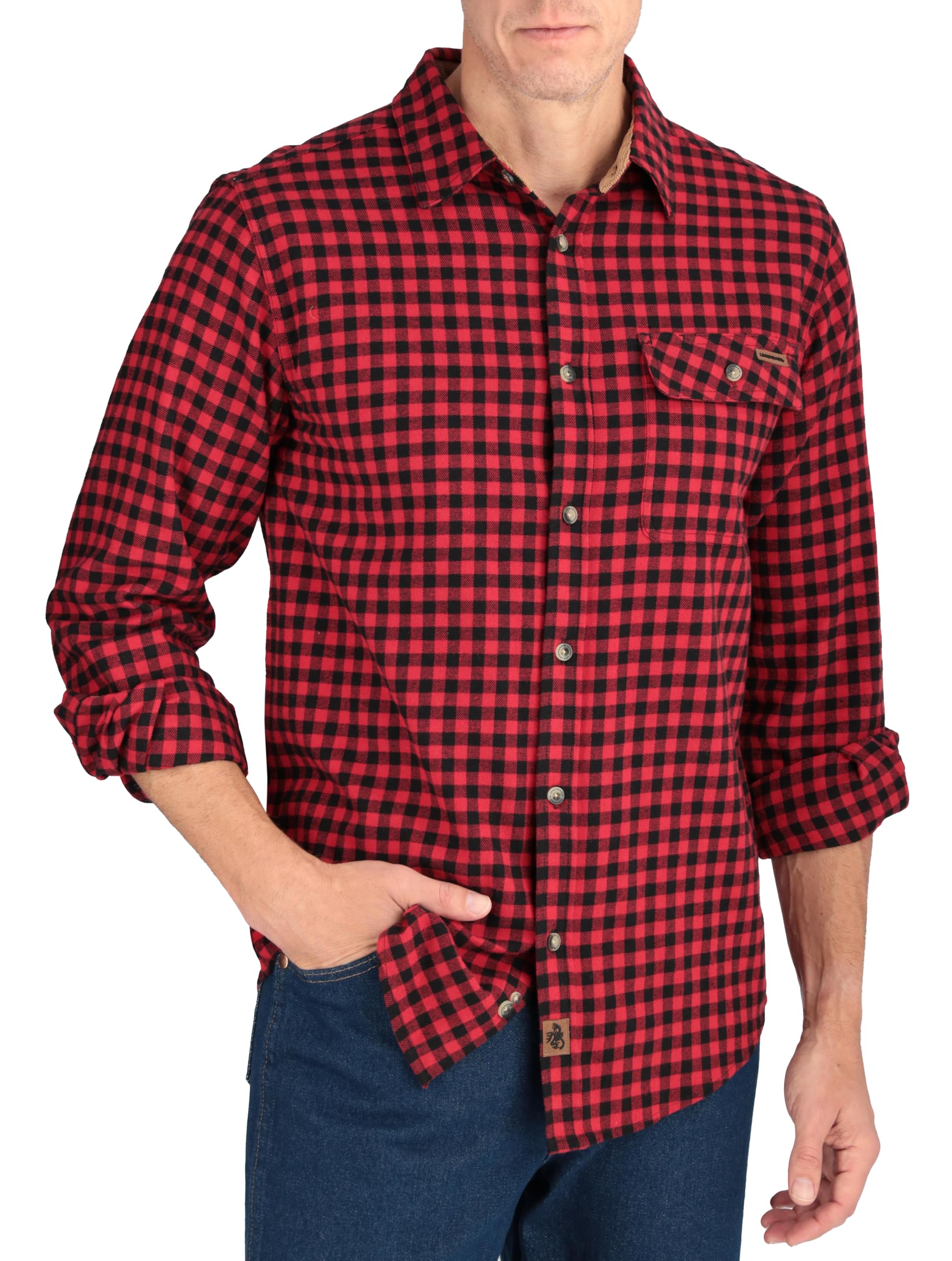 Legendary Whitetails Men’s Buck Camp Flannel Shirt, Long Sleeve Plaid Button Down Casual Shirt for Men with Corduroy Cuffs, Mini Buffalo Check, Medium