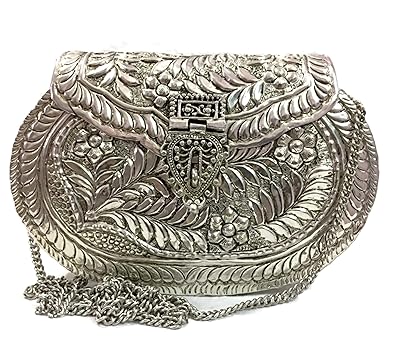 Trend Overseas Womens Brass Metal Antique Silver Sling Bag