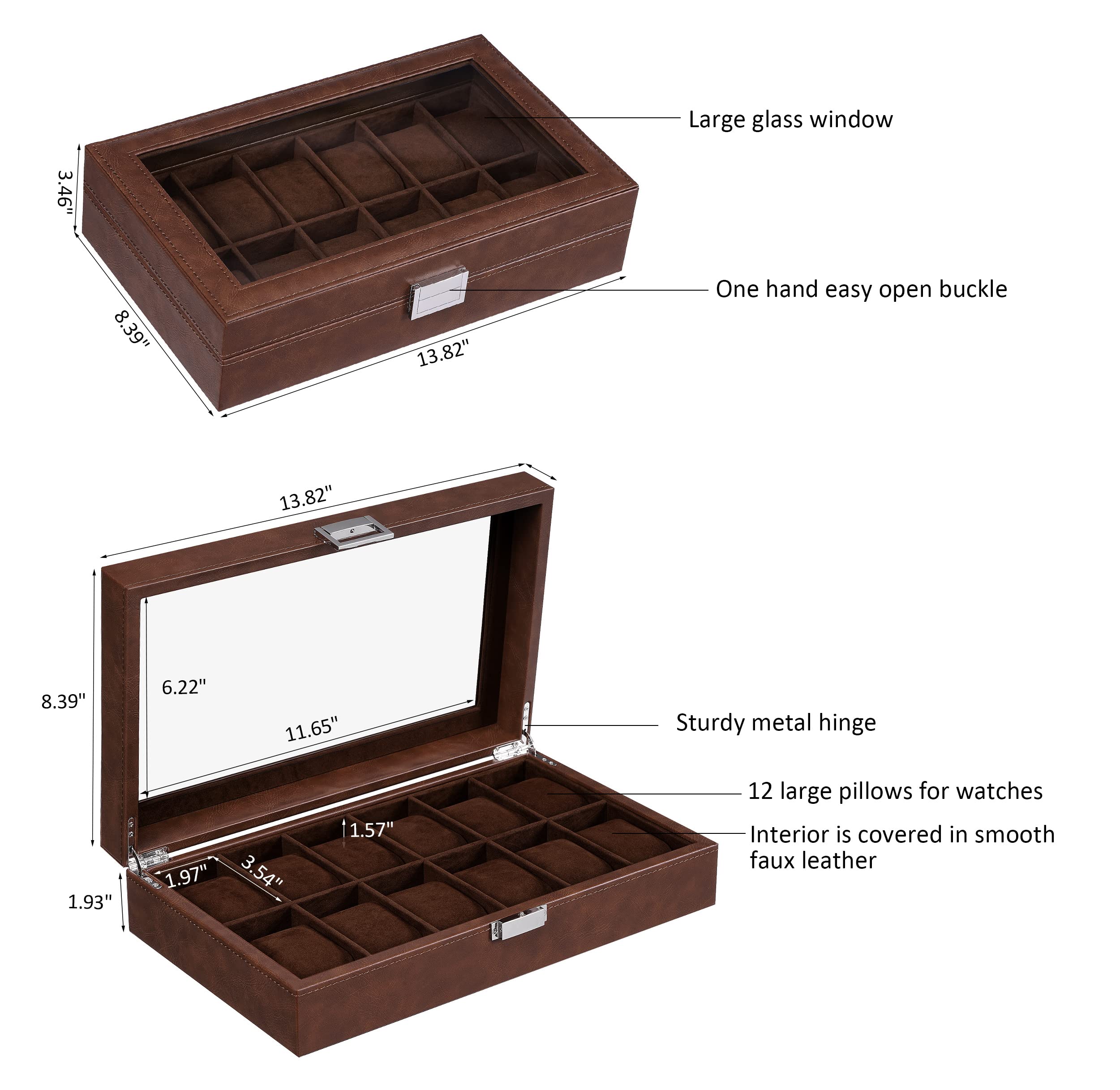 BEWISHOME Watch Case, 12-Slot Watch Box with Large Glass Lid, Watch Case for Men Watch Box Organizer, Mens Jewelry Box Removable Watch Pillows, Synthetic Leather, Brown SSH08Z