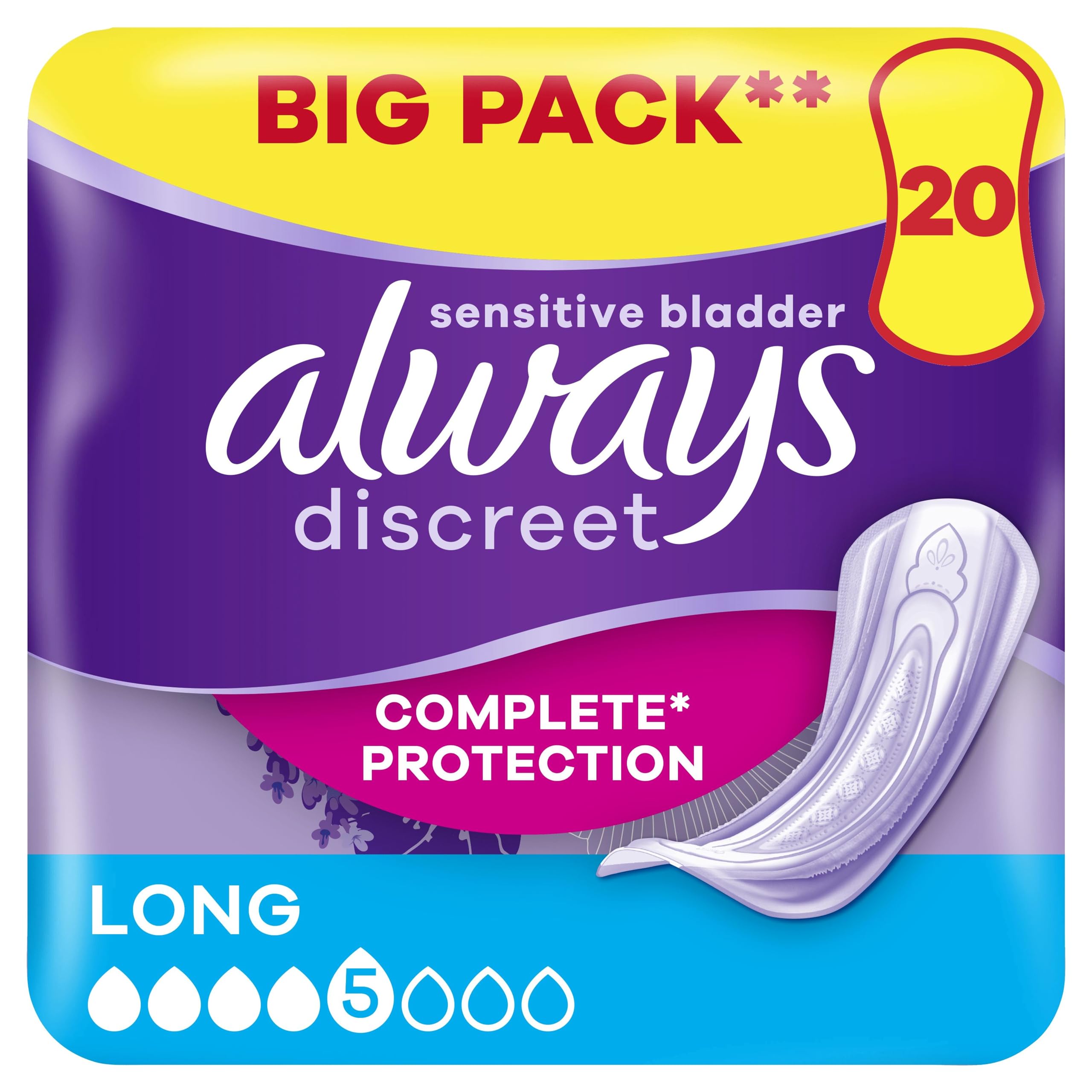 Always Discreet Incontinence Pads Women, Long, 20