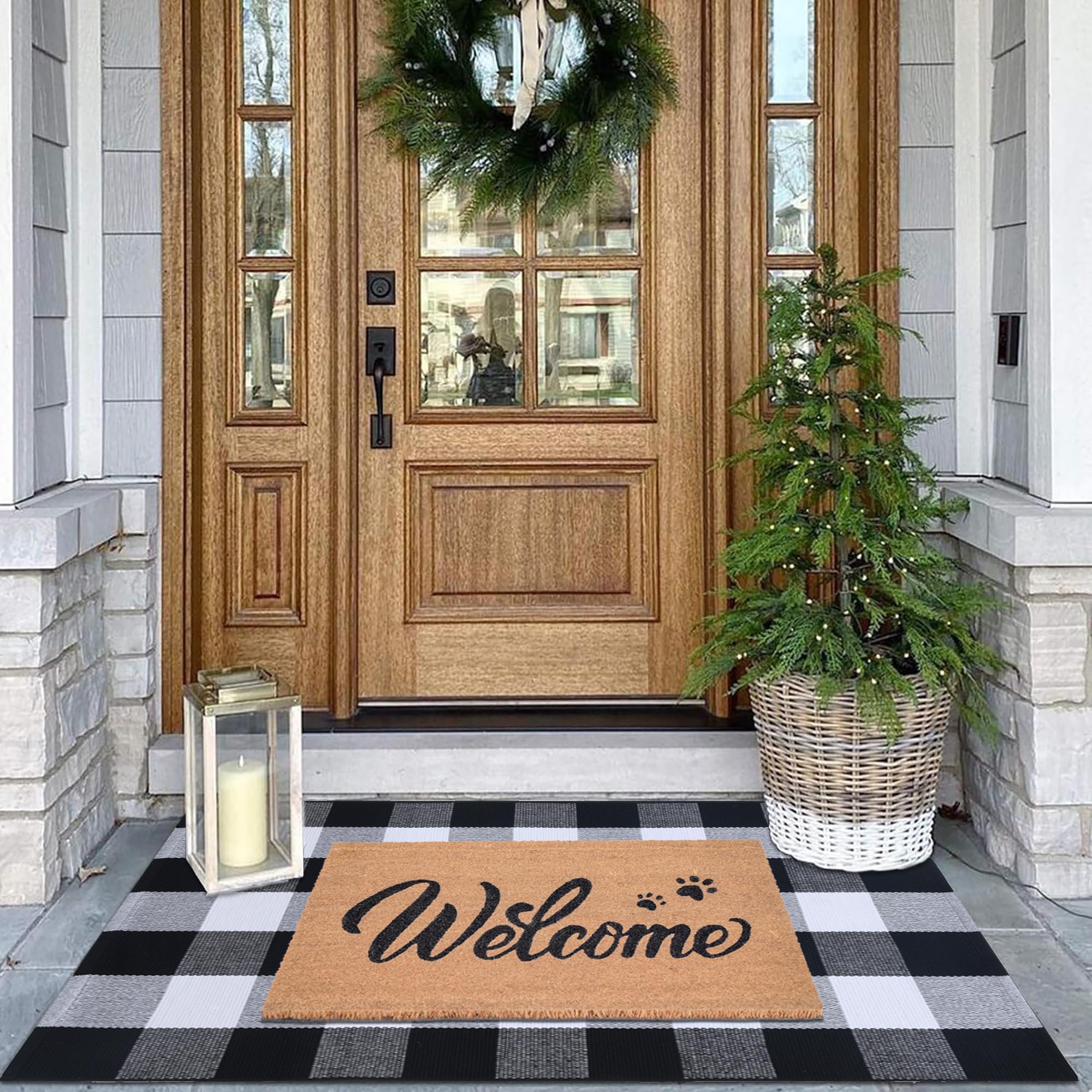 Fallovea Welcome Front Door Mats Combo Set, 100% Coco Coir Doormat with Welcome & Cute Pet Paw Prints + 28" x 43" Black and White Plaid Rug, Spring Front Porch Entryway Decor Indoor Outdoor Floor Mats - Image 3