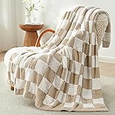 Snuggle Sac Checkered Throw Blanket Faux Fur Microfiber Blankets for Couch,Cozy Soft Warm Blanket for Sofa Bedroom Living Room,Beige Checker,50x60 inches