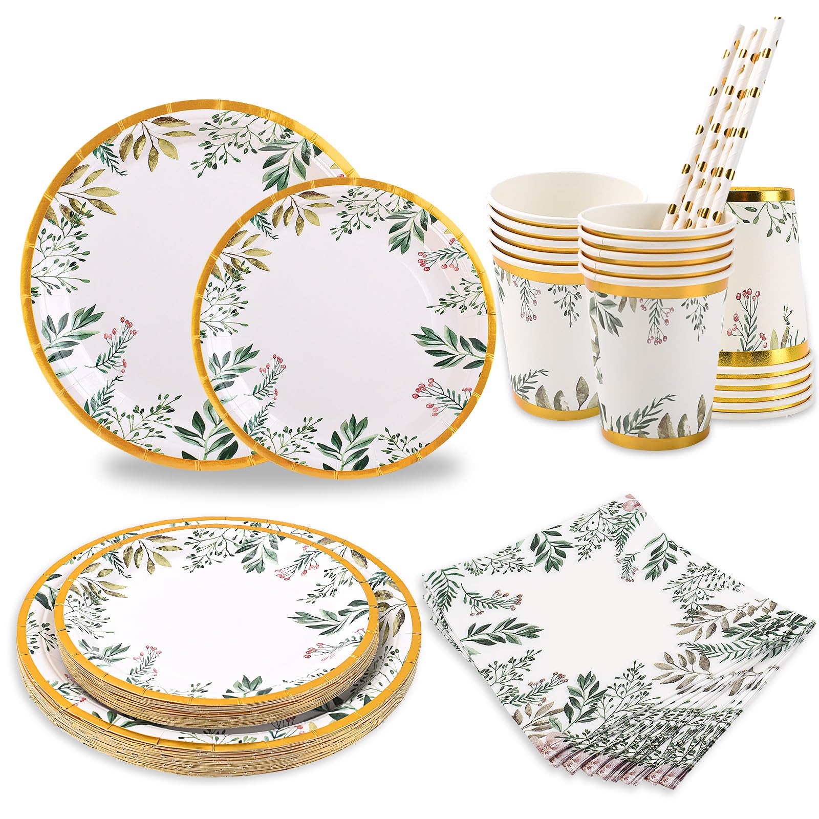 CEILIWEN Green Paper Plate Set for 25 Guests, 125PCS Sage Green Gold Party Tableware - 9'' Dinner Plates, 7'' Side Plates, Disposable Cups, Straws, Napkins