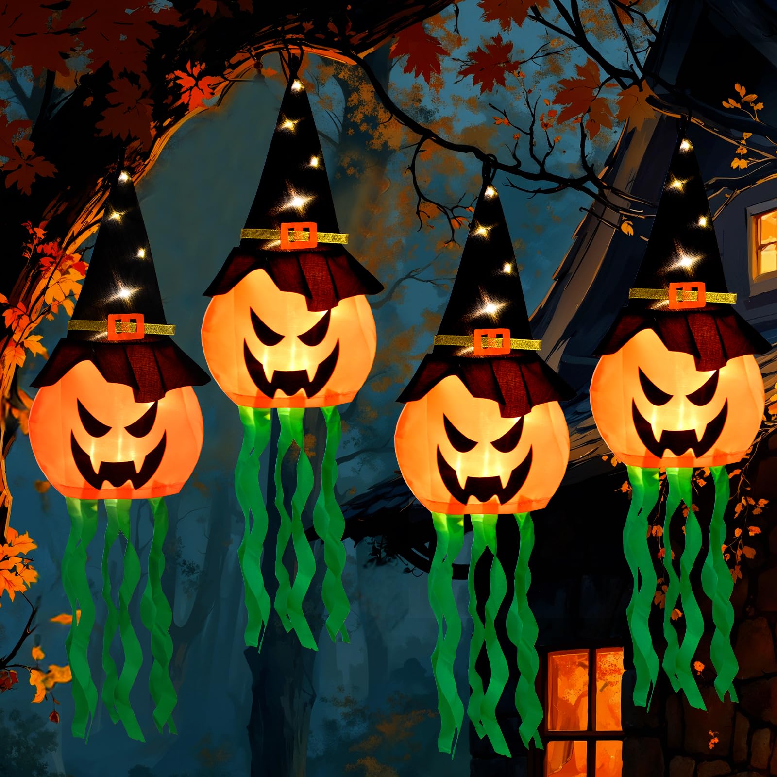 Photo 1 of Halloween Decorations Outdoor, 4 PCS Hanging Lighted Glowing Pumpkin Witch Hat with 3 Modes Lighted Up Scary Orange Halloween Decorations for Indoor Outside Party Yard Tree Garden, 24Inch