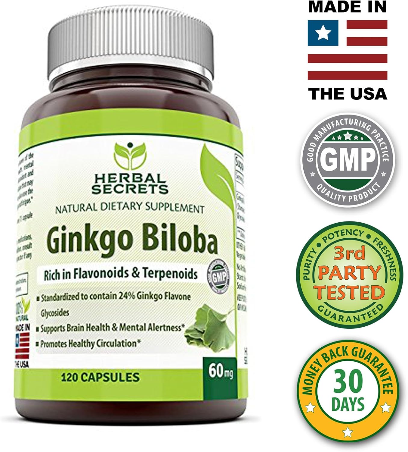 Herbal Secrets Ginkgo Biloba Supplement - 60 mg Ginkgo Leaf Extract (Standardized to Contain 24% Ginkgo Flavone Glycosides) in each Capsule - Memory Support & More - 120 Capsules Per Bottle: Health & Personal Care