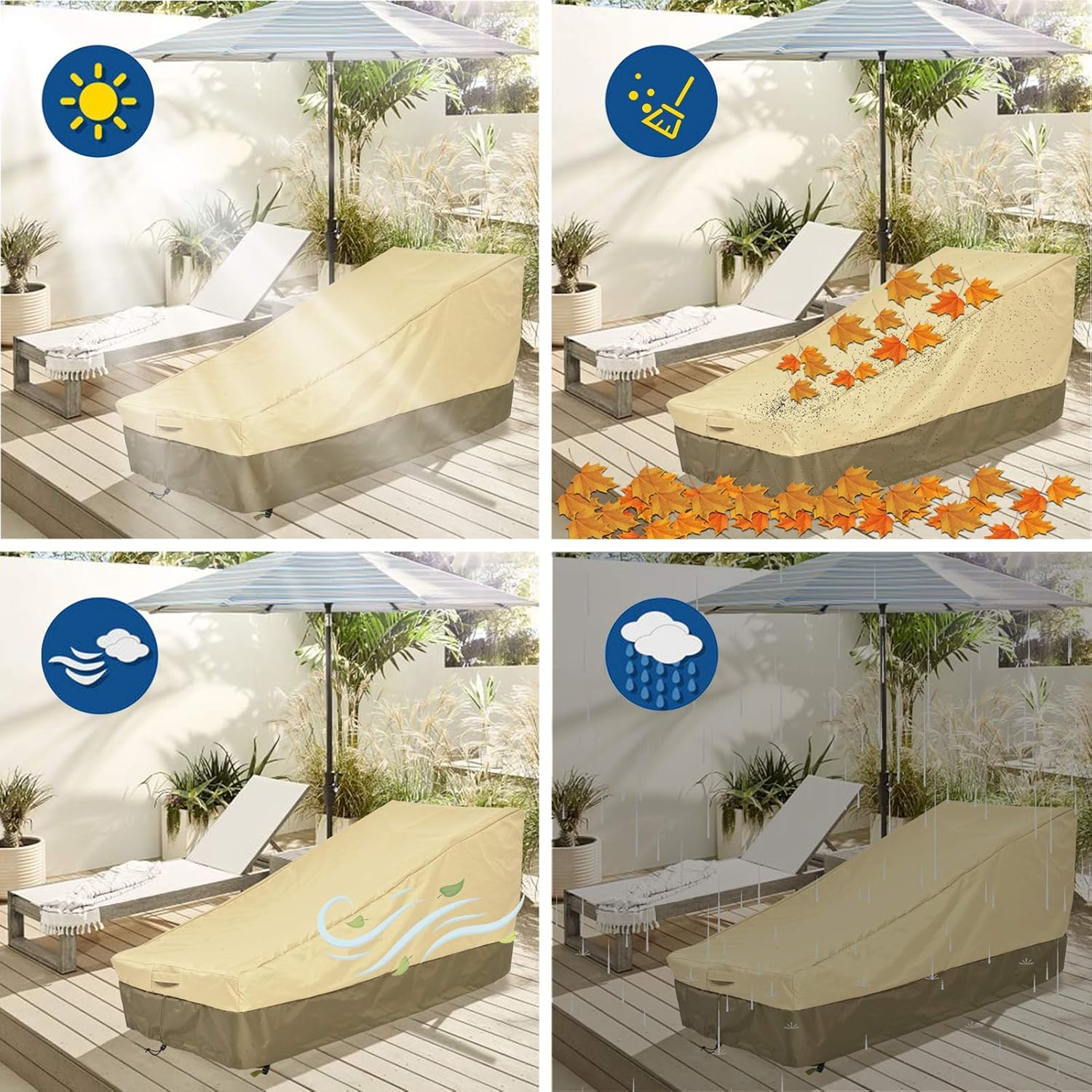 Waterproof Patio Chaise Lounge Cover 2 Pack, Heavy Duty 600D Oxford Lounge Chair Covers with Air Vent, Outdoor Fade Resistant Durable Furniture Cover for Sand,Veranda（Small,Beige 68''Lx30''Dx30''H）: Kitchen & Dining