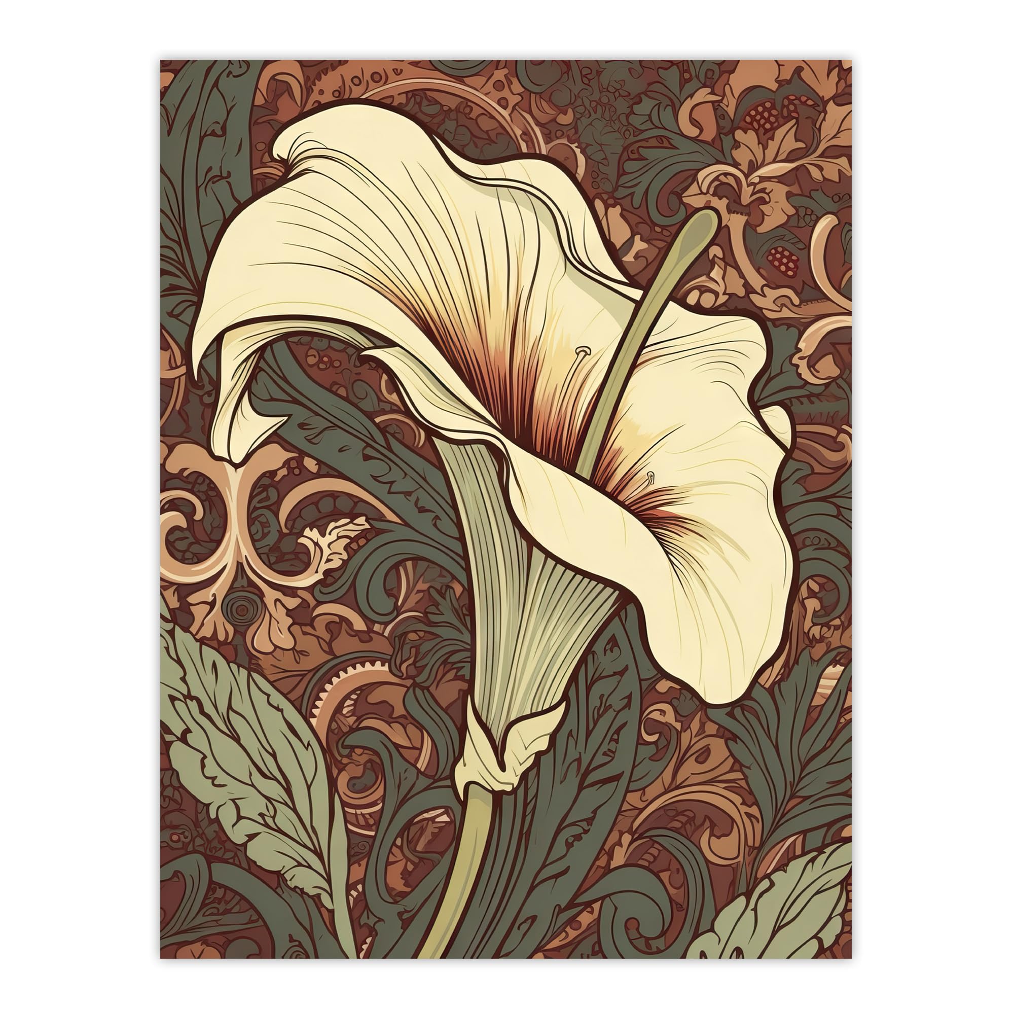Artery8 Single White Cala Lily Flower Art Nouveau Painting Pastel Colour Teal Green Red William Morris Style Patterns Colourful Bright Floral Modern Artwork Large Wall Art Poster Print 18X24 Inch