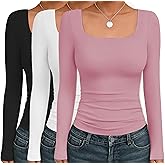 Ekouaer Womens 3 Pack Long Sleeve Shirts Square Neck Basic Tops Fitted Tee Thermal Undershirts XS-XXL