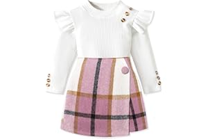 Aulyffo Baby Toddler Girl Clothes,Girls Outfits Long Sleeve Ruffle Button Tops + Plaid Skirt Shorts + Hat 3Pcs Clothes Set
