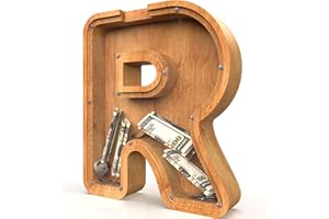 SULEVALT Piggy Bank for Kids Boys Girls, Large Personalized Wooden Letter Piggy Bank with Cut-Out Design, Alphabet Letter Coin Banks, Money Savings Box, Wooden Bank for Kids Creative Gift for Real-Money(R)