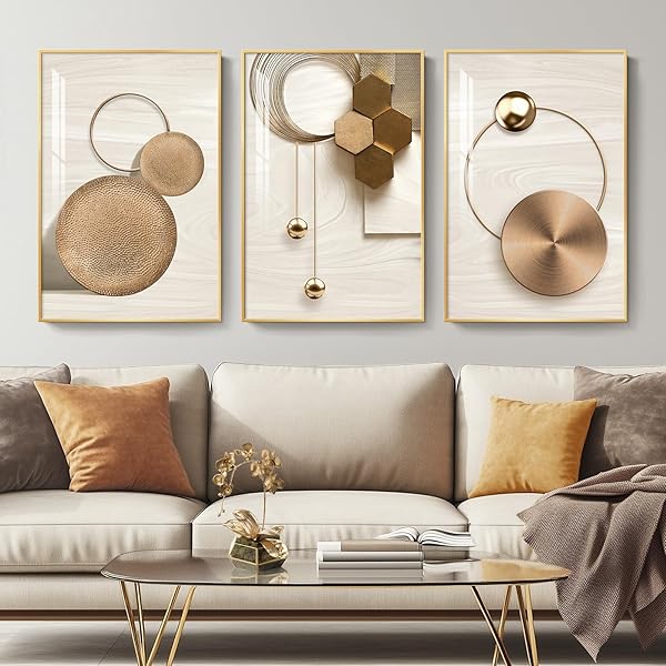 FRAMED MODERN LUXURY GOLD WALL ART, 3 PIECE BRIGHT STYLE ART PRINTS PAINTINGS ARTWORK FOR WALLS, BRONZE GOLD GEOMETRIC PICTURES FOR LIVING ROOM DINING ROOM BEDROOM WALL DECOR 16X24 IN