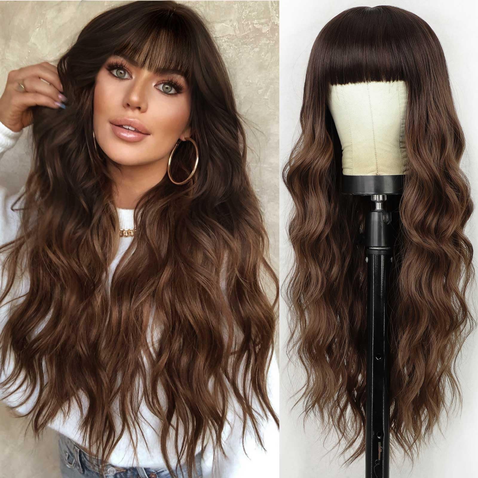 Photo 1 of Lativ Brown Wig with Bangs Long Wavy Wig with Dark Roots for Women Ombre Brown Curly Wavy Wig Synthetic Fiber Natural Looking Hair Replacement Wig for Daily Party Use 26 Inches