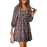 Dokotoo Fall Dresses for Women 2025 Boho Floral Square Neck Smocked 3/4 Sleeve Casual A-Line Swing Mini Dress Sundress