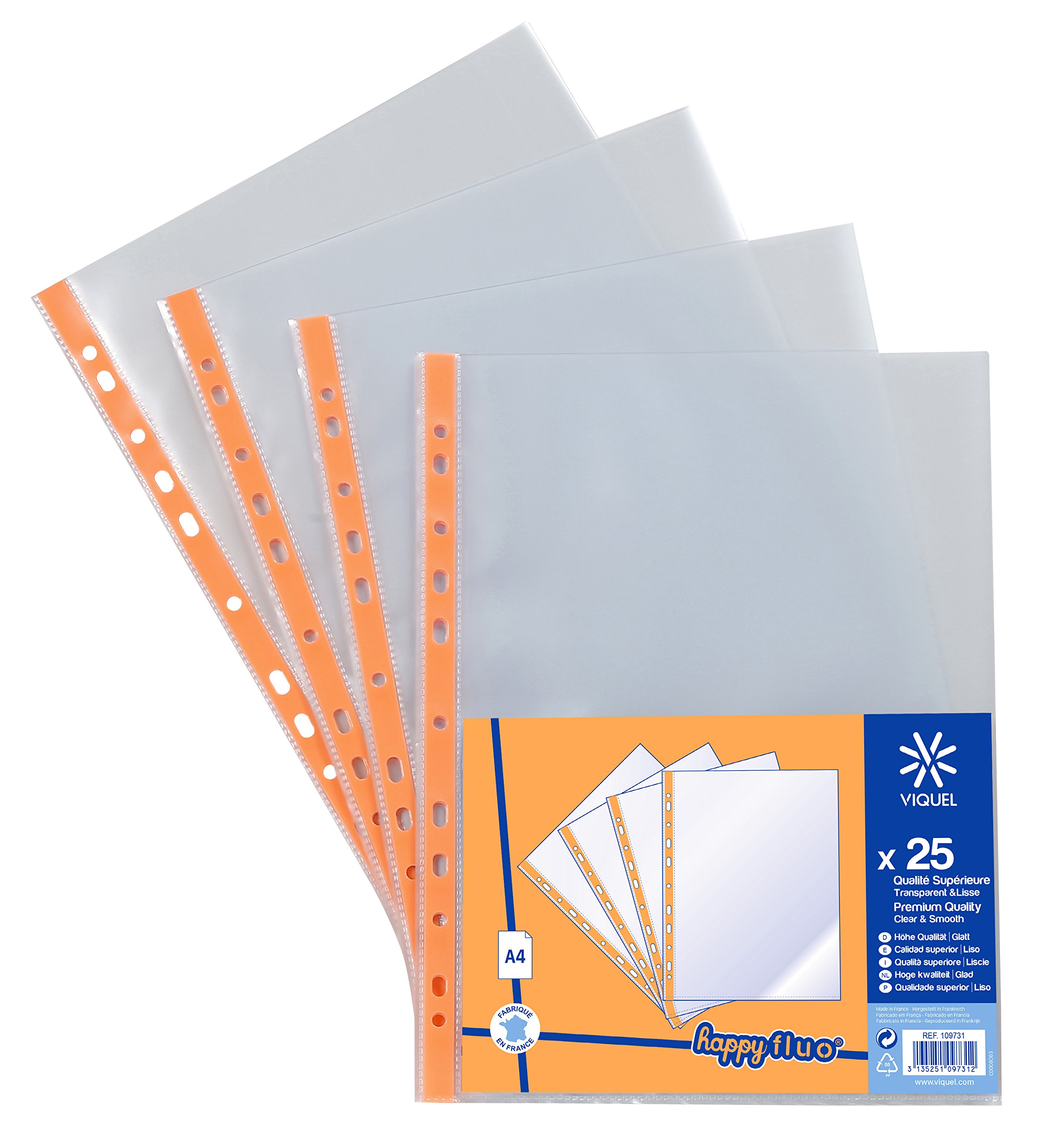 Viquel 109731-06 Punched Pockets A4 with Reinforced Strip Pack of 25 Neon Orange