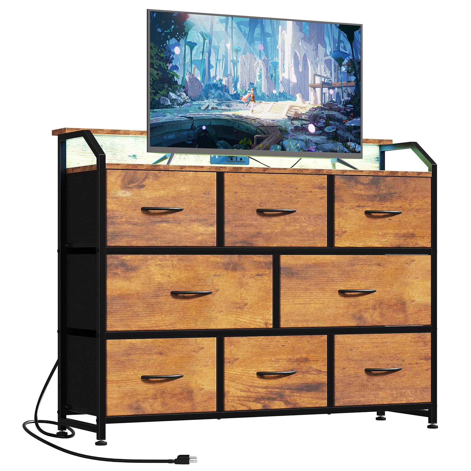 DUMOS TV Stand Dresser with 8 Fabric Drawers, 8-Drawer Chest of Drawers with APP Control LED Lights and Type-C Charging Station, Fabric Storage Tower TV Stand for Living Room, Brown Image