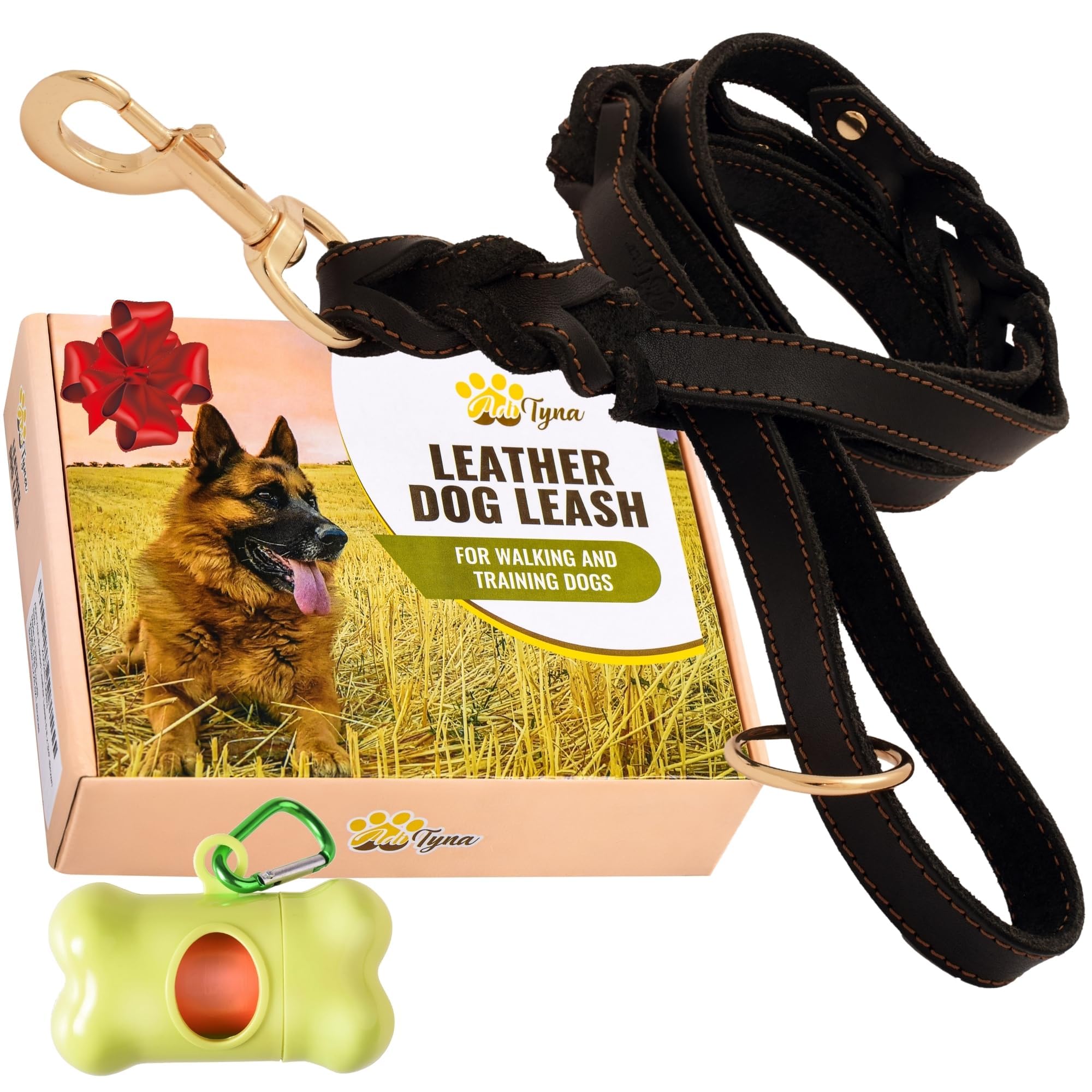 ADITYNA - Double Handle Leather Dog Leash 6ft - Heavy Duty Braided Dog Leash with Traffic Handle - Lead for Training and Walking Medium Large Breeds (Black, Two Handles 6 Foot x 3/4")