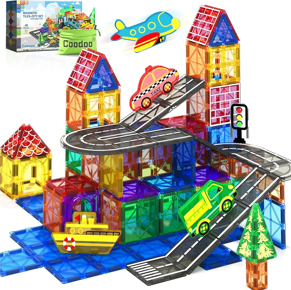 Coodoo Magnetic Tiles City Road Set Toys for Kids 3-5 STEM Learning