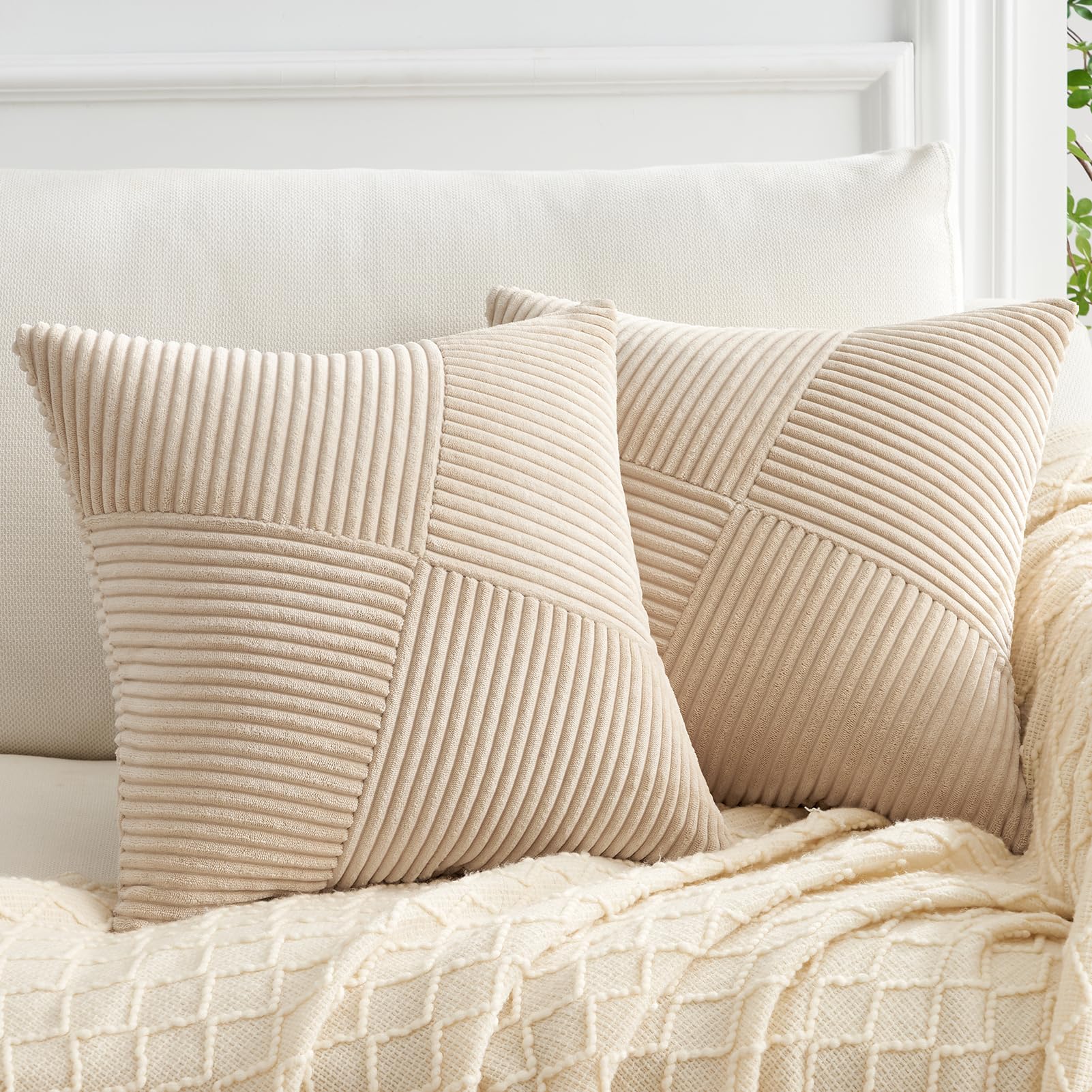 Topfinel Tan Cushion Covers 50x50 cm 20x20 Inch Set of 2 Corduroy Patchwork Pinwheel Throw Pillow Cases with Invisible Zipper Decorative Sofa Cushion Covers for Living Room Bedroom Sofa Bed