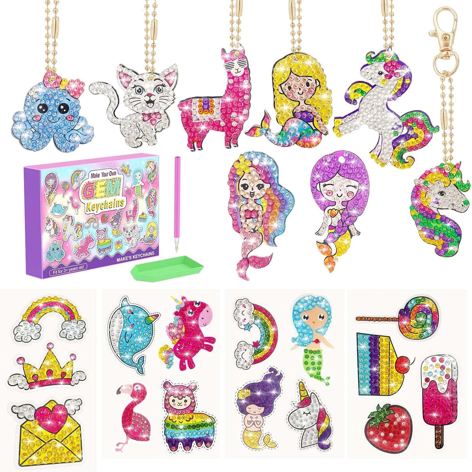 CAYUDEN Diamond Art Kits for Kids, 8pcs Double Sides Diamond Painting Keychains+15pcs Diamond Painting Stickers, DIY Diamond Painting Kits for Children Gem Art Kit Diamond Dots Set for Adults Kids