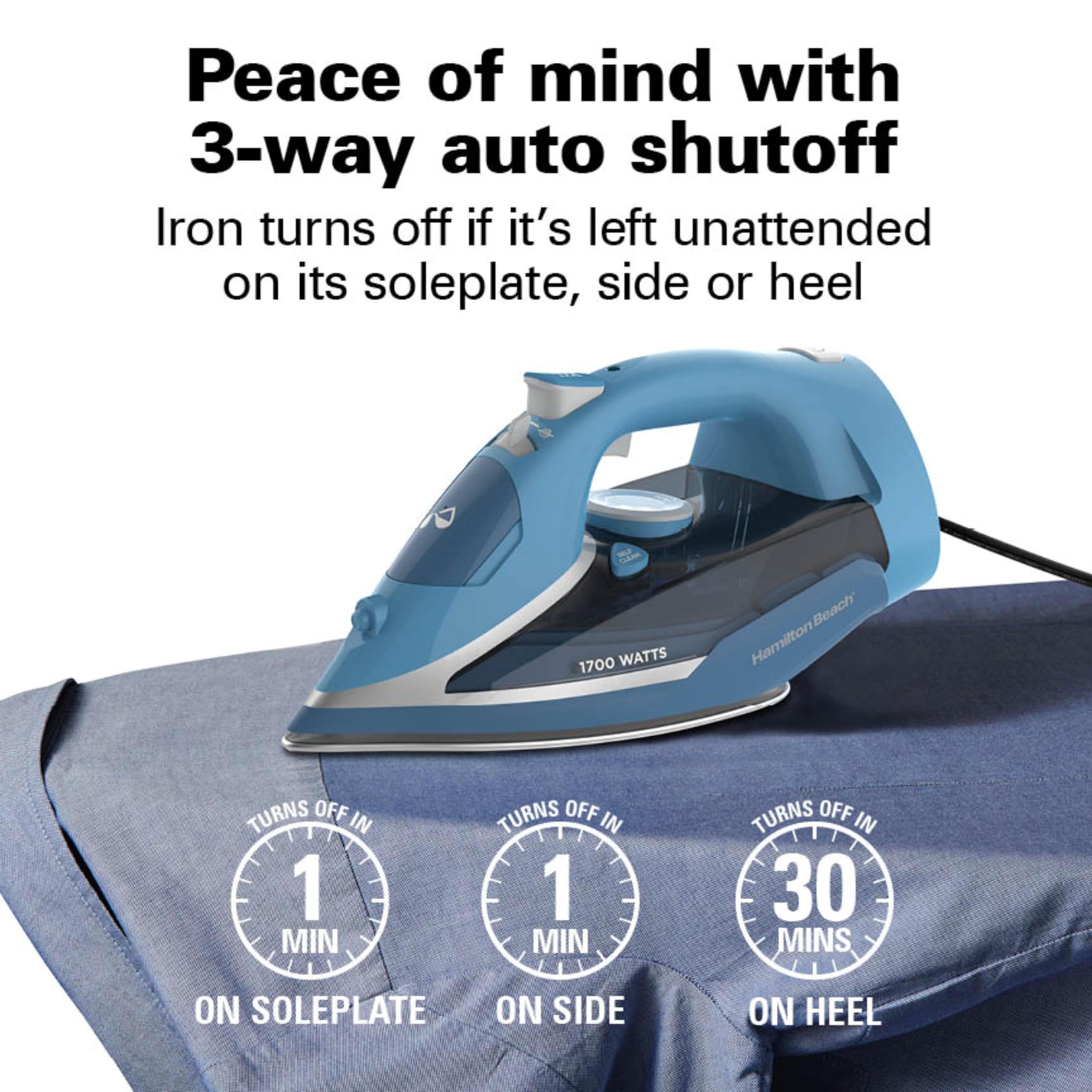 Hamilton Beach Steam Iron for Clothes & Garment Steamer with Durable Stainless Steel Soleplate, 1700 Watts for Ultra-Fast Heat, 8’ Retractable Cord, Auto Shutoff, 350 ml Water Tank, Blue (14216)
