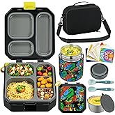 Itslife Bento Lunch Box Set for Kids with 12oz Soup Thermo&Lunch Bag, Leak-Proof Lunch Food Containers for Kids School, 5 Compartment, Sauce Cup, 10 Notes (Dinosaurs Black)