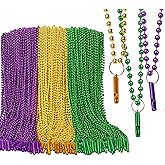 THREGRLS 100 PCS Fat Tuesday Beads Necklace - Fancy Assorted Color Party Beads with Aluminum Whistle - 33 Inch Plastic Beaded Necklaces for Carnival Parade Festival Events
