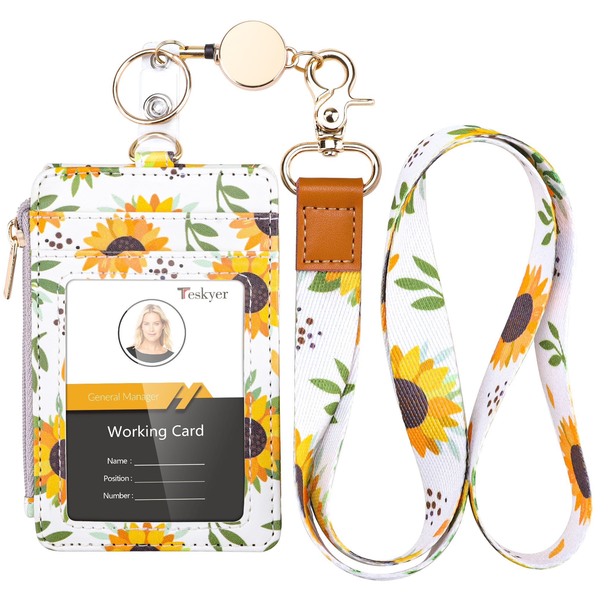 Teskyer Retractable Sunflower Lanyard with Card Holder, Badge Holder with Zipper Pocket, Holds 4 Cards, with Clear Window, PU Leather, Vertical, Sunflower