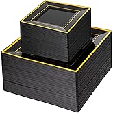 Liacere 100PCS Black and Gold Square Plastic Plates-50PCS Dinner Plate and 50PCS Dessert Plate-Durable Fancy Disposable Plates for Party & New Year & Martin Luther King Jr. Day