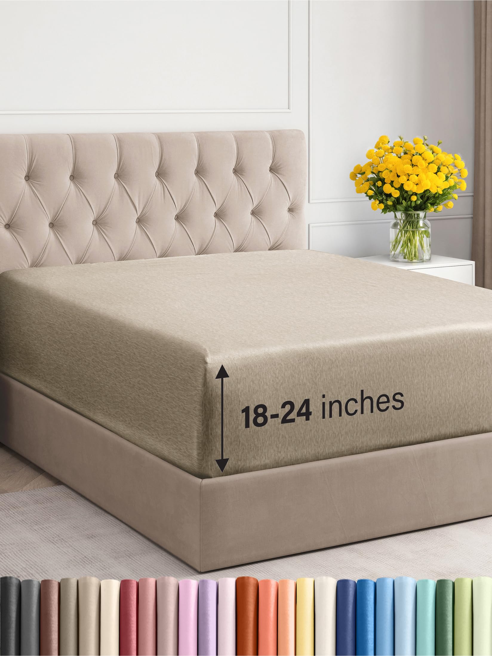 Photo 1 of Extra Deep Cal King Fitted Sheet - Hotel Luxury Single Fitted Sheet - Easily Fits 18 inch to 24 inch Mattress - Soft, Wrinkle Free, Breathable & Comfy Extra Deep Pockets Heathered Beige Fitted Sheet