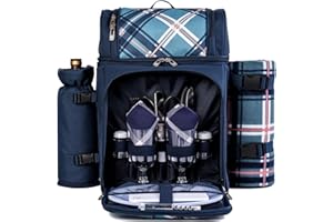 ALLCAMP OUTDOOR GEAR ALLCAMP 2-Person Picnic Backpack with Insulated Cooler, Detachable Wine Holder, Fleece Blanket & Full Picnic Set for Outdoor, Family, Couples (Blue)