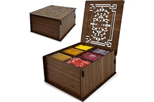 RoyalHouse Premium Wood Tea Storage Box Organizer, Tea Bag Holder Containers (Brown), Eco-Friendly Multi-Functional Decorative Box, 6 Compartments For Assorted Variety Of Small Items