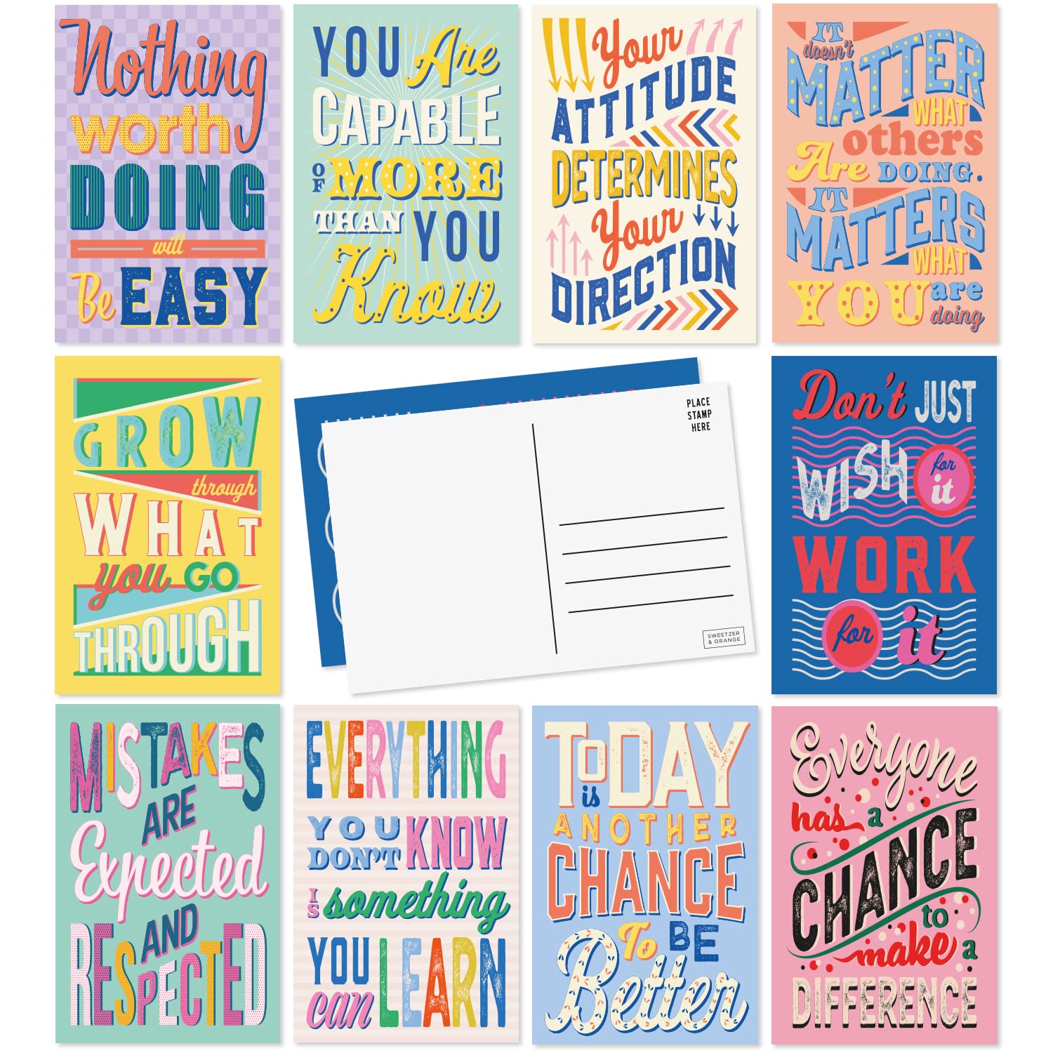 Sweetzer & Orange Motivational Postcards Pack (60 Cards) 4x6 Postcards for Kids and Adults. Growth Mindset Affirmation sheets, Mindfulness decor pages, Inspiration flyers and Blank Encouragement Cards