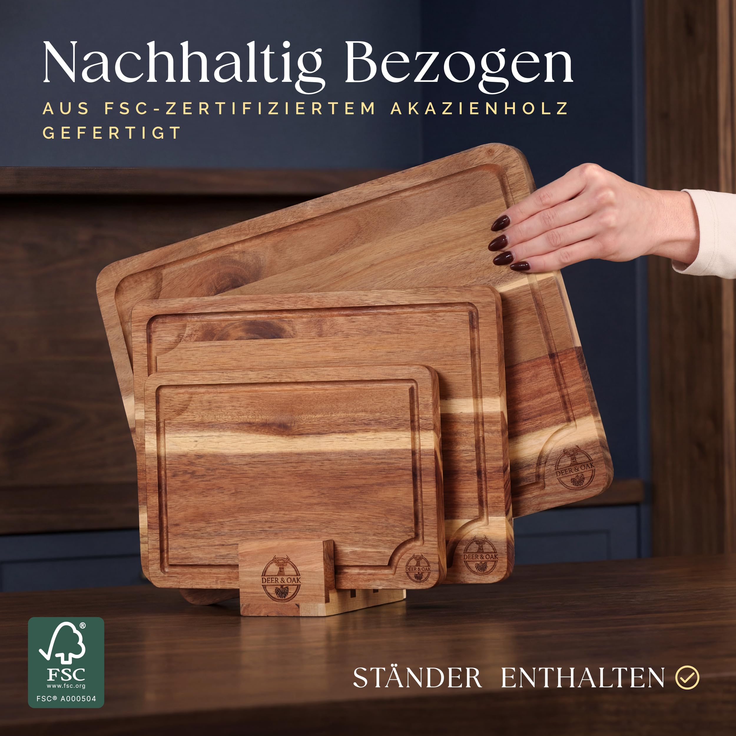 Deer & Oak 3-teiliges Akazien-Schneidebrett-Set mit Ständer, inklusive 250 ml Schneidebrettöl, FSC-zertifizierte, vorgeölte Schneidebretter aus Holz für Küchen, Hartholz-Küchenschneidebretter für 4