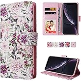 UEEBAI Wallet Case for iPhone 15, PU Leather Phone Case Kickstand RFID Blocking Flip Case Card Slots Wrist Strap Relief Engraved Pattern Magnetic Closure Flower Folio Case, Violet