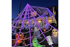 ECOHDT Brighter Spider Webs Halloween Decorations Lights,250 Purple LED Light Up,16.4Ft 8 Modes Giant Spiderweb with Remote Control,Waterproof & Timer,Halloween Decor for Outdoor
