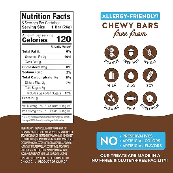 BLAKE’S SEED BASED CHEWY GRANOLA BARS — CHOCOLATE CHIP (5 COUNT), VEGAN, GLUTEN FREE, NUT FREE & DAIRY FREE, HEALTHY SNACKS FOR KIDS OR ADULTS, SCHOOL SAFE, LOW CALORIE SOY FREE SNACK