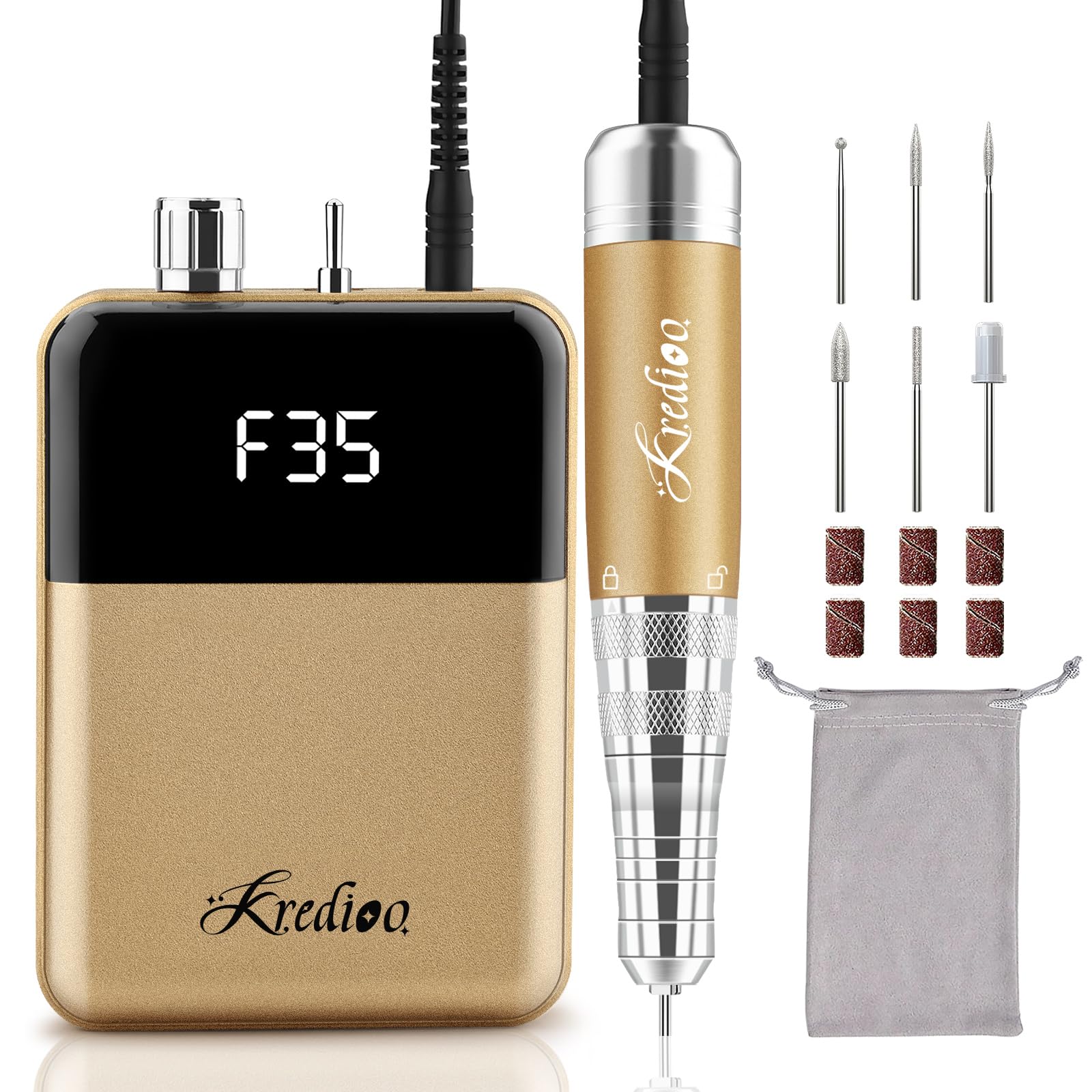 Kredioo 6 in 1 Nail Drill Machine Rechargeable, 35000RPM Electric E File with LCD Display, Manicure Pedicure Acrylic Gel Shaping Kit, for Beginner, Training, Nail Salon, Home Use (Gold)