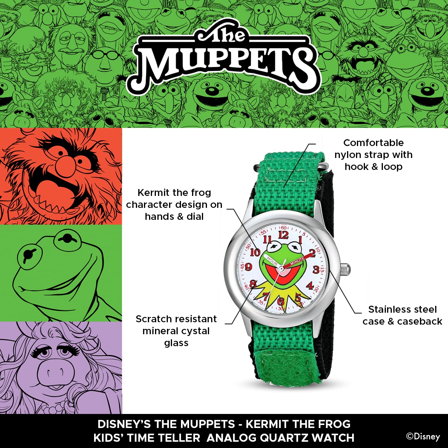 Disney Kids' Stainless Steel Time Teacher Analog Quartz Nylon Strap Watch