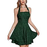 Sparkly Halter Dress for Women, Sleeveless Cocktail Party Square Neck Sparkling Dresses Backless Women's Evening Clubwear