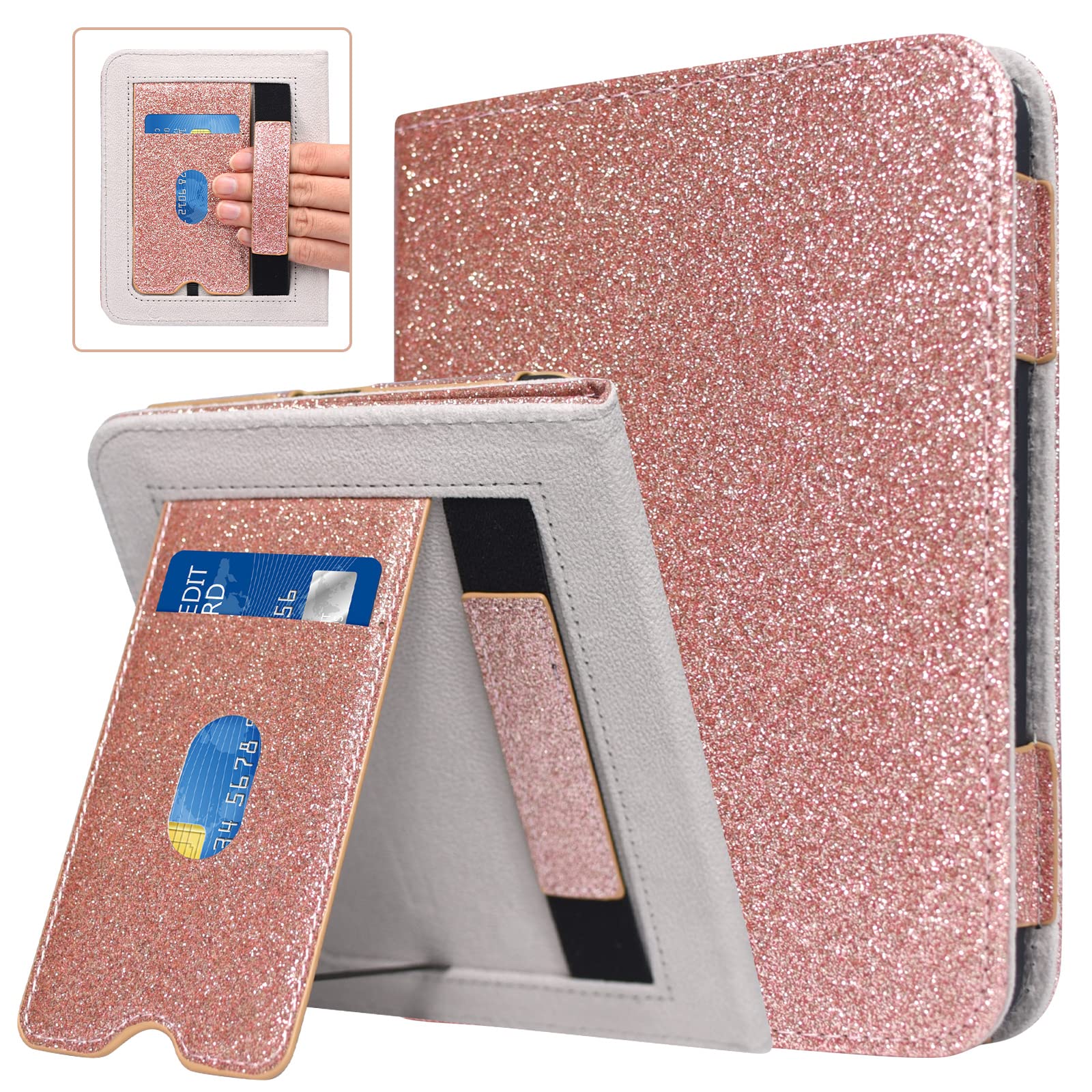ACdream Case for Nook Glowlight 4 2021 / Nook GlowLight 4e 2022, Hands Free Stand Protective Durable Premium PU Leather Cover with Magnet Closure, Hand Strap, Card Slot,Glitter Rose