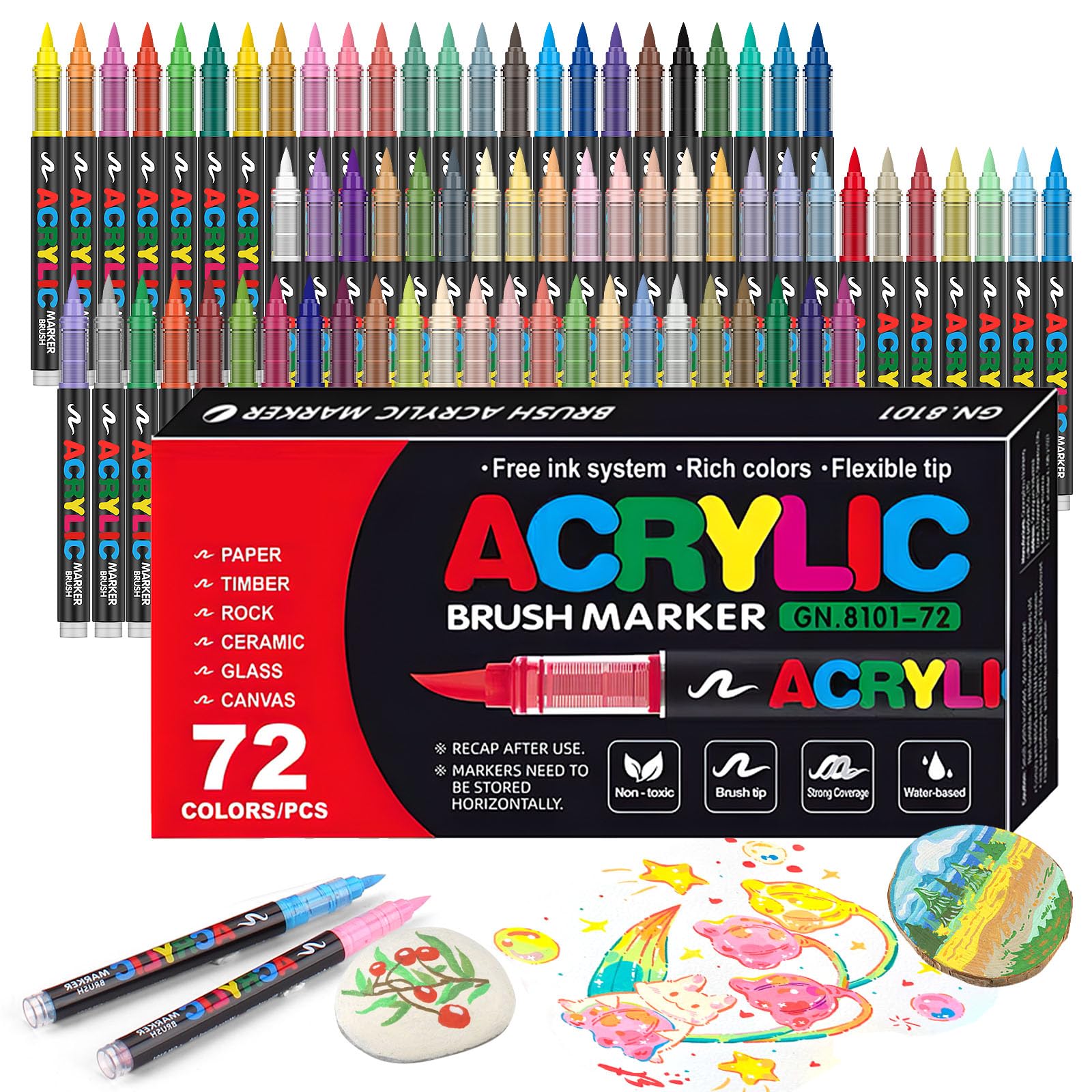 Photo 1 of 72 Colors Soft Brush Tip Acrylic Markers Set, Paint Pens for Rock, Wood, Fabric, Canvas, Glass, DIY Crafts, Waterproof Paint Markers, Vibrant Acrylic Pens for Artists and Art Projects
