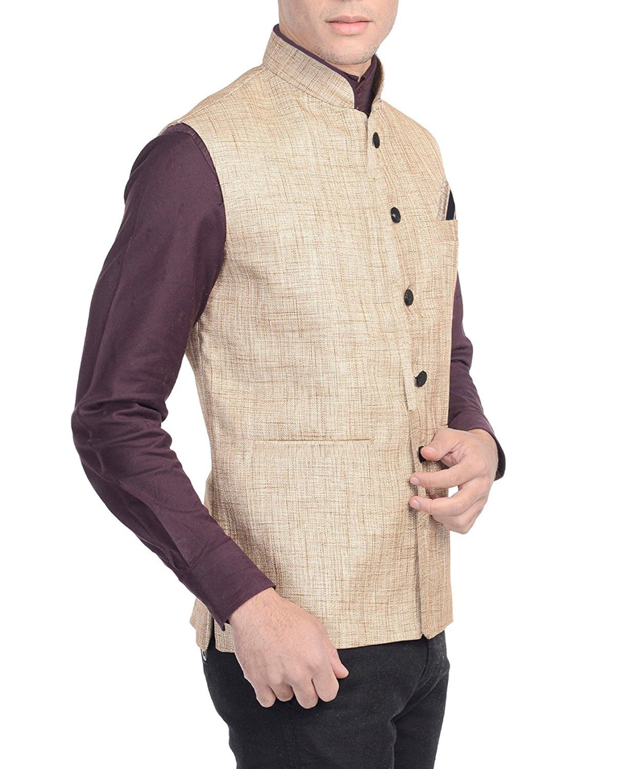 glamio men's beige waistcoat occassion partywear festival nehru jacket