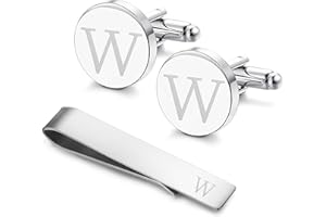 LOYALLOOK Stainless Steel Engraved Initial Cufflinks and Tie Clip Bar Set Alphabet Letter With Gift Box A-Z