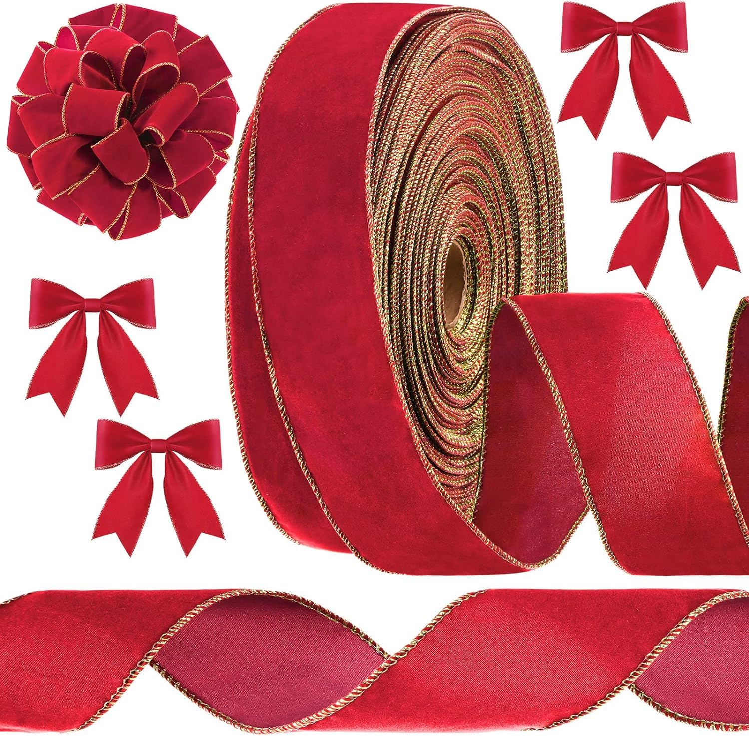 LATERN 28M Christmas Velvet Ribbon, 6.3cm Width Wired Velvets Ribbon Waterproof Wrapping Velvet Ribbons with Gold Edge for Xmas Gift Wrapping Xmas Tree DIY Wreath Christmas Bow Decoration (Red)