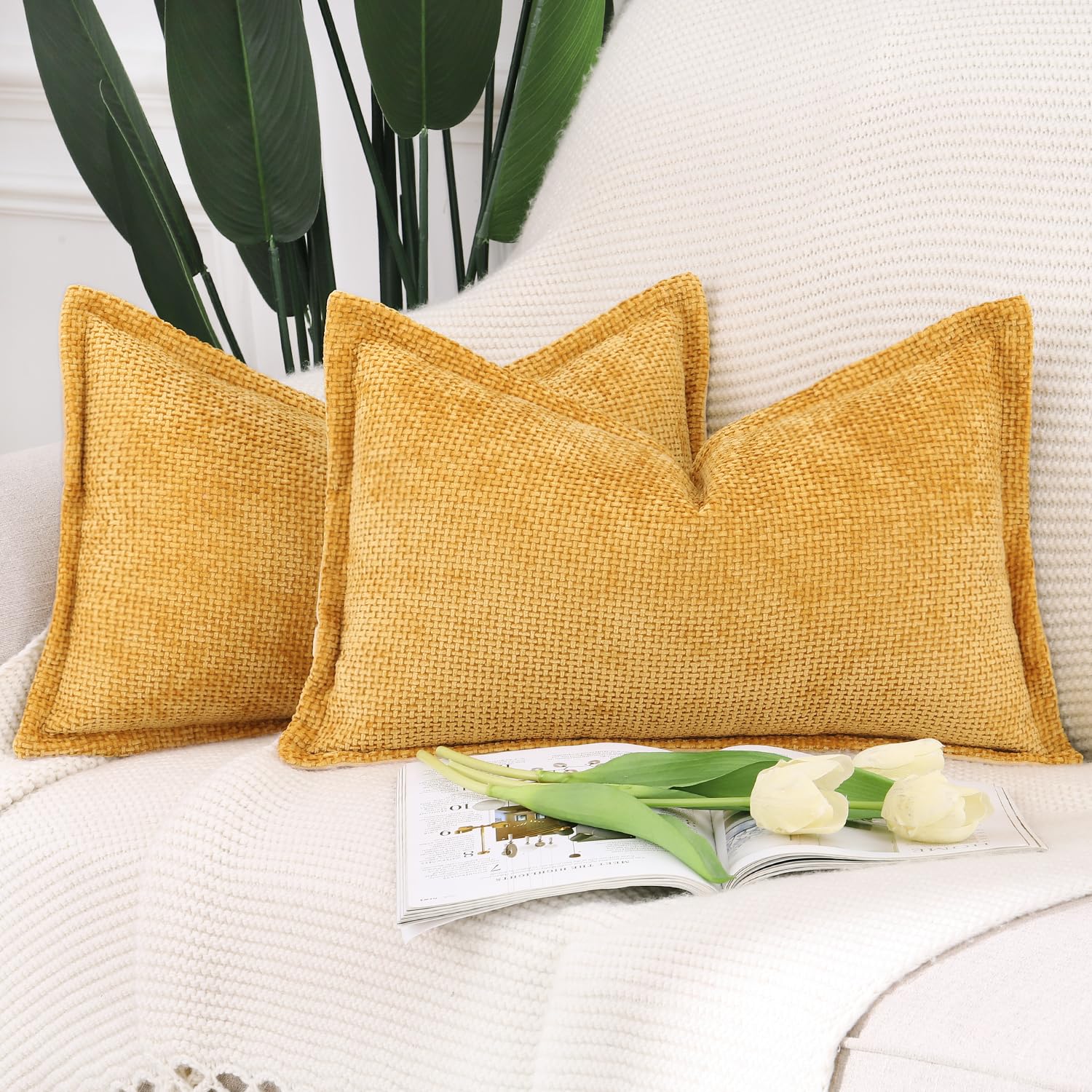 Madizz Set of 2 Chenille Velvet Cushion Covers with Flange Soft Boho Textured Throw Pillow Covers Broadside Pillowcases Modern Farmhouse Home Decor for Sofa Bedroom Yellow 12x20 inch, 30x50 cm