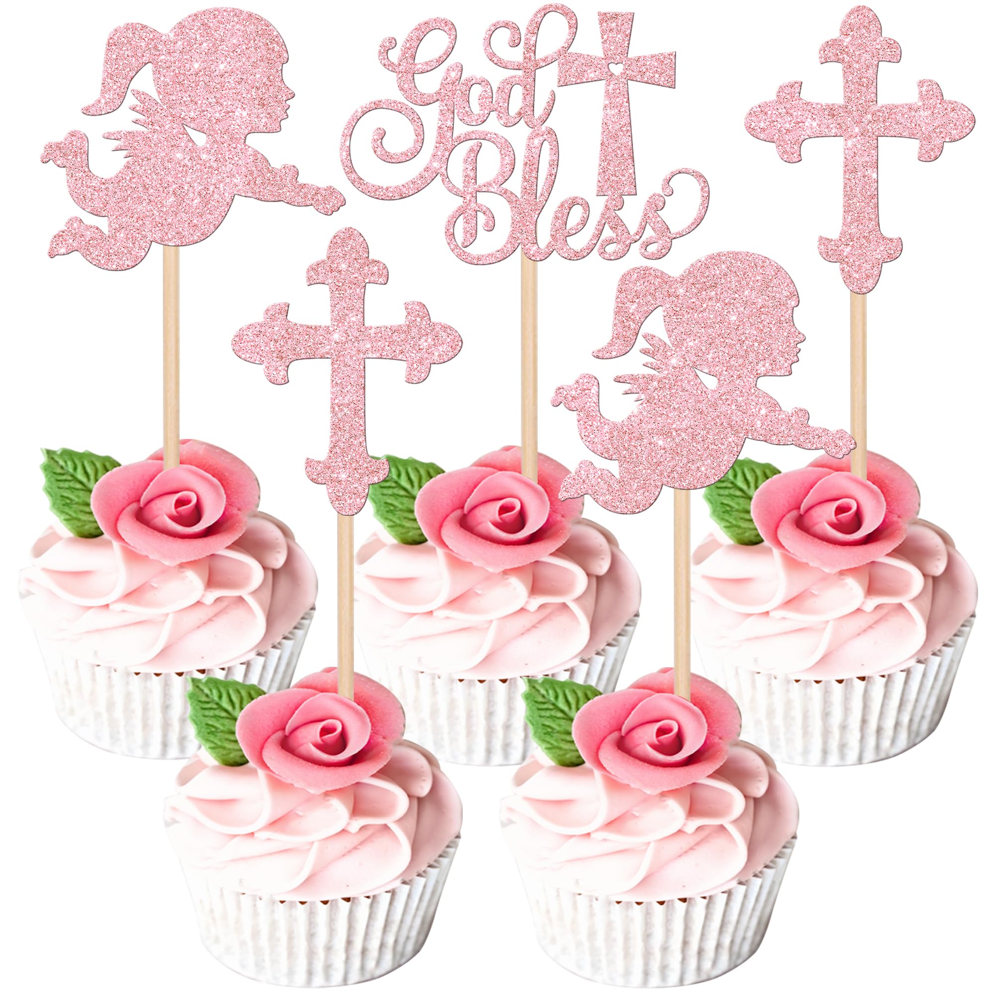 Xsstarmi 24 Pack God Bless Cupcake Toppers Glitter Christian Cross Cupcake Picks for First Communion Theme Girls Baptism Baby Shower Birhday Party Cake Decorations Supplies Pink