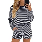 Baggyfly Women's Striped 2 Piece Lounge Set Long Sleeve Cotton Crop Tops Crewneck Sweatshirt Drawstring Shorts with Pockets(Navy Blue,Small)