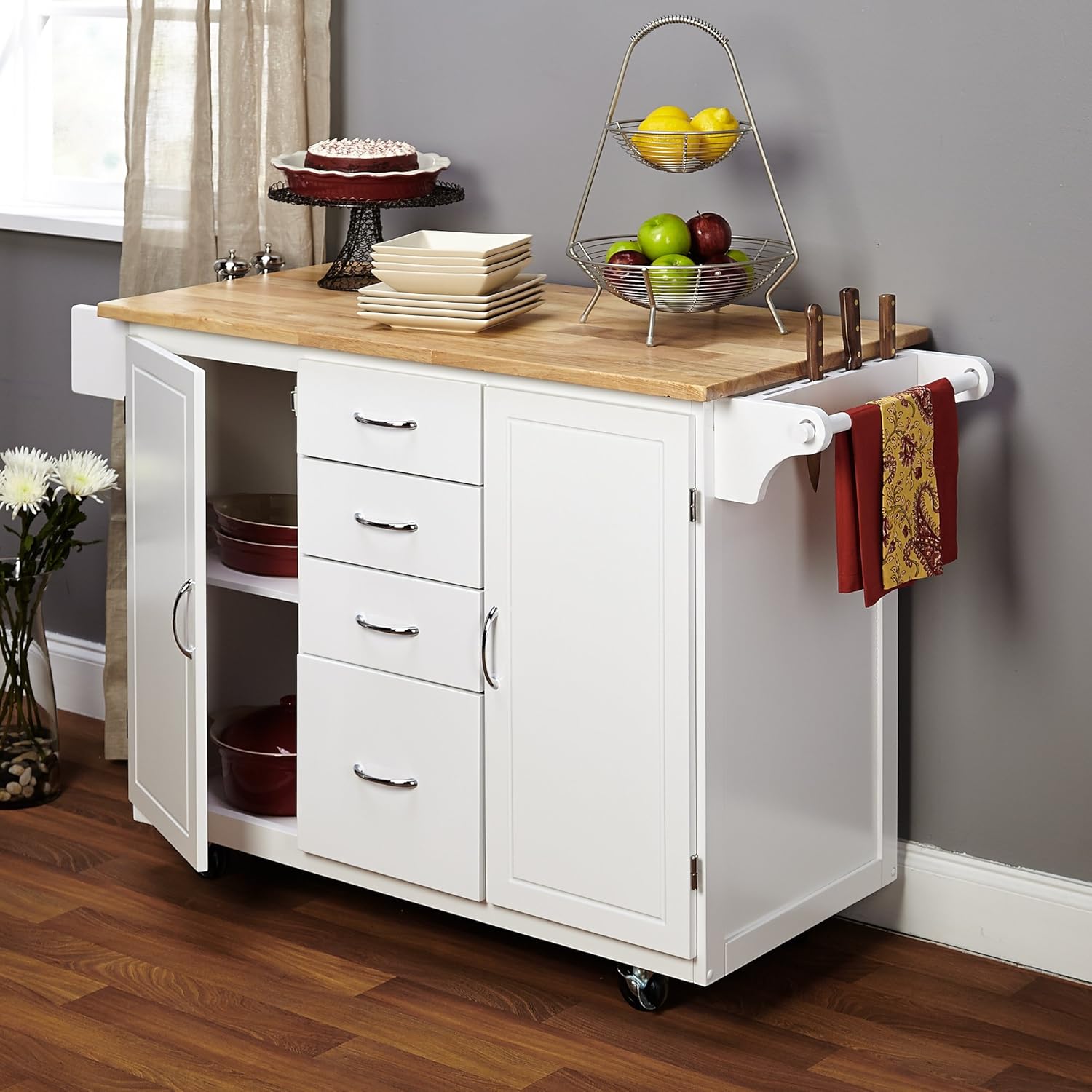 Target Marketing Systems Two-Toned Country Cottage Rolling Kitchen Cart with 4 Drawers, 2 Cabinets, 1 Towel Rack, 1 Spice Rack, and an Adjustable Shelf, White/Natural - Kitchen Islands & Carts