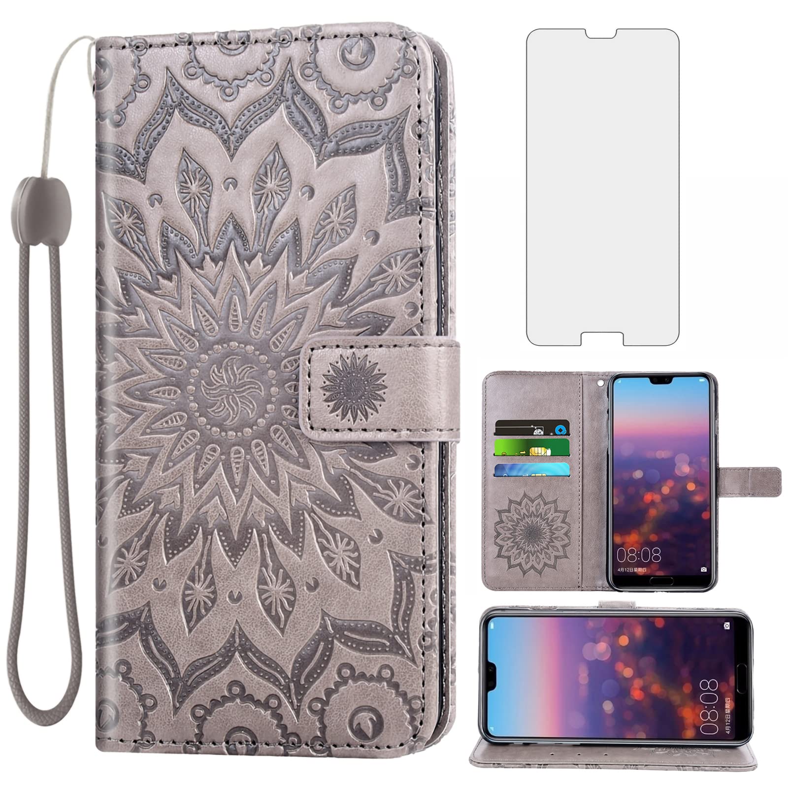 Asuwish Phone Case for Huawei P20 Pro Wallet Cases with Tempered Glass Screen Protector and Leather Slim Flip Cover Card Holder Stand Cell Accessories Hwauei Hawaii P 20Pro 20 P20pro Women Men Gray