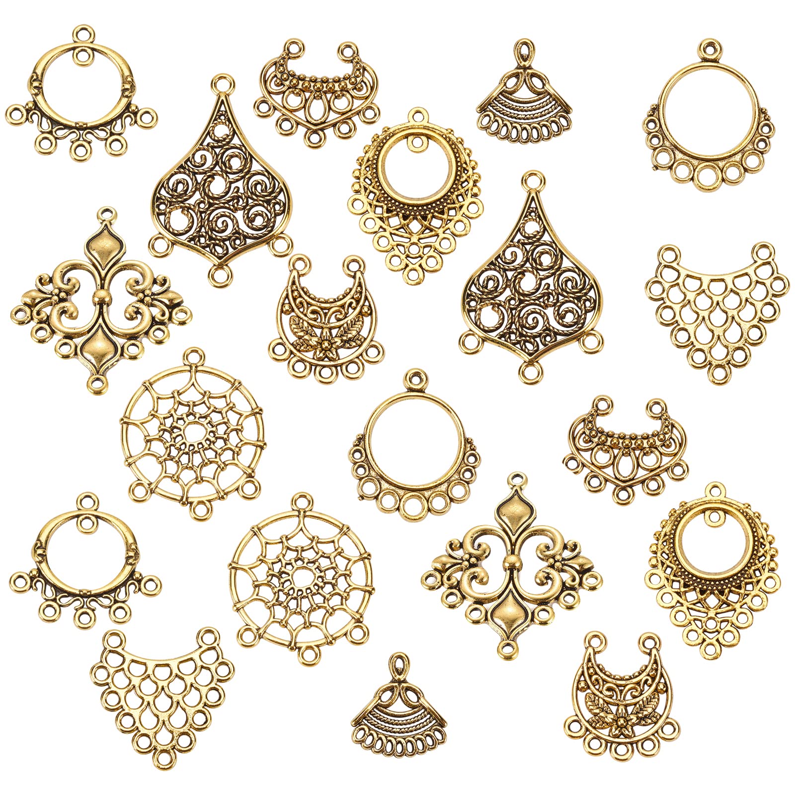 SUNNYCLUE 1 Box 40pcs 10 Styles Chandelier Connector Charms Component Links Alloy Hollow Filigree Pendants Flat Round Teardrop Triangle Shape for Jewelry Making Earring Supplies,Antique Gold